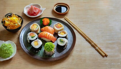 Fototapeta na wymiar A set of sushi surrounded by side dish, delicious; high quality photo gourmet products for holiday events closeup view on dinning table natural light; copy space