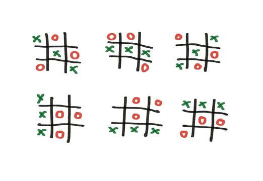 Hand draw picture of tic tac toe, X-O or or Noughts and Crosses games. Green for X and red for O. Black lines for grids. Concept, brain practice. Classic game contributes to skills in problem solving.