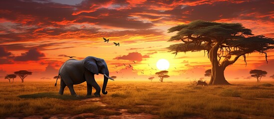 Big Elephant on the plains of the Africa savanna. AI generated image - obrazy, fototapety, plakaty