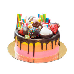 Gradient orange and pink cake with colorful sweets and candies on the top, isolated, png