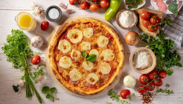 pizza, surrounded by ingredients, simple, delicious; top view of the photography of food with vegetables and, high quality photo, gourmet products