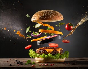 product shot of a burger, floating ingredients; food photography style in movement with polarizing filter and dark background for graphics on products media social networks copy space - obrazy, fototapety, plakaty