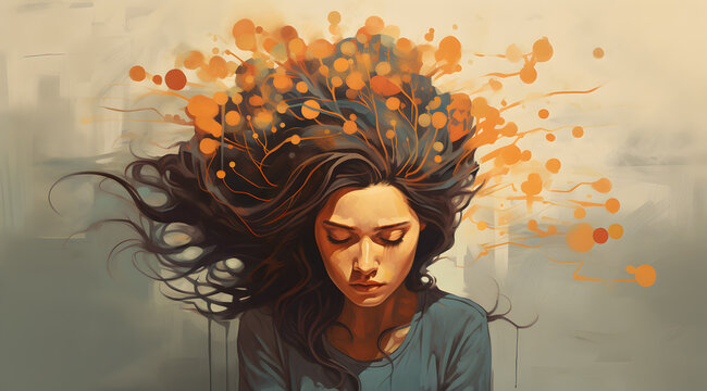 Illustration of a woman lost in thought, her worries forming a cloud around her.