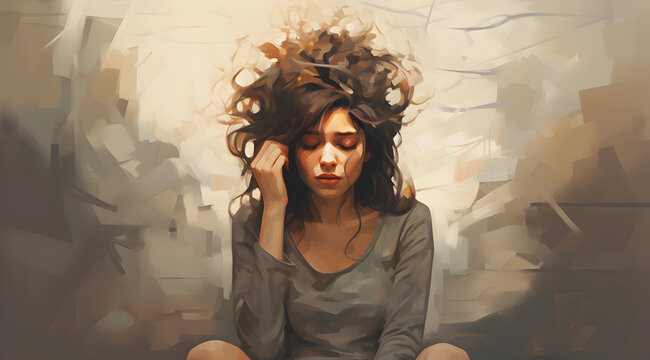 A serene illustration of a sad woman with fiery thoughts swirling in disarray.