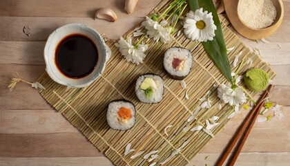 Fototapeta na wymiar A set of sushi surrounded by side dish, delicious; high quality photo; gourmet products for holiday events closeup view on dinning table natural light copy space