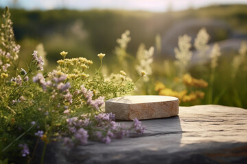 Natural stone pedestal. Stone podium display with green leaves. Copy space nature background. Cosmetics or beauty product promotion mockup.