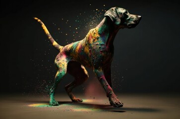 Fototapeta premium Dog Covered in Colored Powder on a Black Background Generative AI