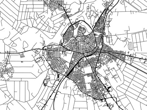 Vector road map of the city of Larisa in Greece with black roads on a white background.