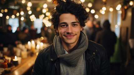Fototapeta premium Portrait of a handsome young man with curly hair in a cafe.
