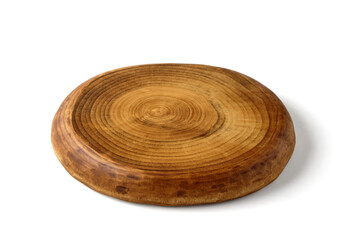 Handmade wooden brown podium stand isolated on white background. Template for product demonstration