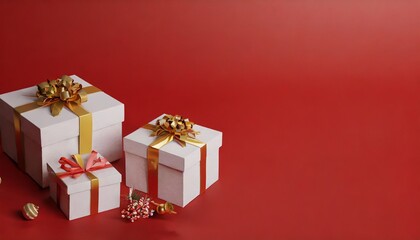 A Christmas presents with red background from top view, copy space, isometric, photo realistic, for product display and presentation to business advertising or marketing