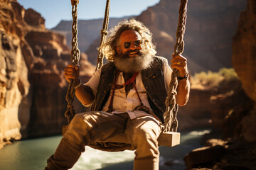 A cheerful senior man with a beard enjoys swinging on a rope at the beautiful Grand Canyon, embodying adventure and freedom.