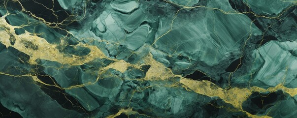 A macro shot of a polished gold and green marble wallpaper, capturing the opulent and organic feel of the stone textures, suitable for interior design projects.
