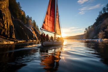 A serene image of a sailboat with a red sail on a tranquil river during a breathtaking sunset, surrounded by forest and cliffs. - obrazy, fototapety, plakaty
