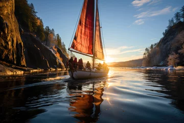 Deurstickers A serene image of a sailboat with a red sail on a tranquil river during a breathtaking sunset, surrounded by forest and cliffs. © apratim