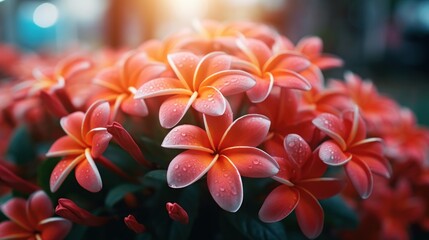 Plumeria flower blooming in the garden with sunlight background. Springtime Concept. Valentine's Day Concept with a Copy Space. Mother's Day.