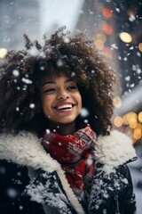 portrait of happy laughing girl on the street of a big city, it is snowing, Christmas, New Year