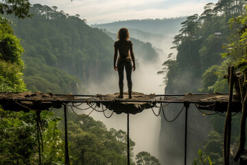 A woman stands alone on a suspension bridge, overlooking a misty forest valley during a tranquil sunrise or sunset.