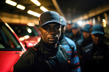 Serious young African American man with friends in the background in a moody, urban nighttime setting.