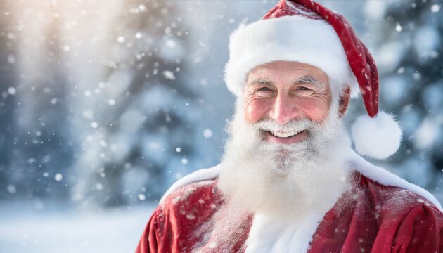 A close up portrait of a santa clause; smiling; snowy outside; copy space