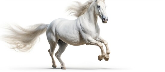 Obraz na płótnie Canvas Beautiful White horse running forward on white background AI generated image
