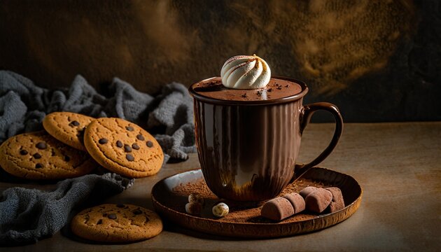 A cup of a hot chocolate with a marshmallow and cookies on the table in front  still life photography, soft focus image, low light; copy space