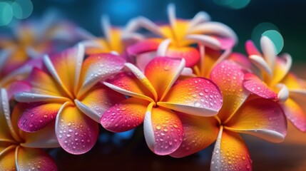 Frangipani flowers with water droplets on petals. Springtime Concept. Valentine's Day Concept with...