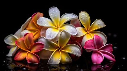 Frangipani flowers with water drops isolated on black background. Springtime Concept. Valentine's Day Concept with a Copy Space. Mother's Day.