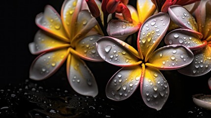frangipani flowers with water drops on black background, spa concept. Springtime Concept. Valentine's Day Concept with a Copy Space. Mother's Day.