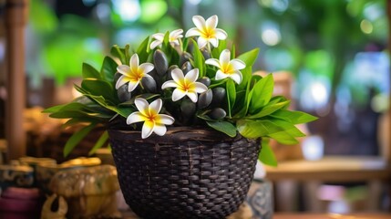 Plumeria flowers in basket on table in coffee shop. Springtime Concept. Valentine's Day Concept...