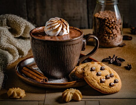 A cup of a hot chocolate with a marshmallow and cookies on the table in front  still life photography, soft focus image, low light; copy space