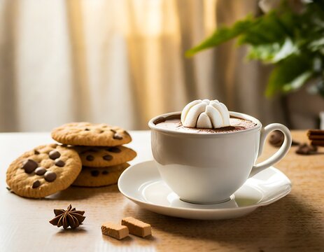 A cup of a hot chocolate with a marshmallow in white cup and cookies on the table in front; still life photography, soft focus image, natural light; copy space