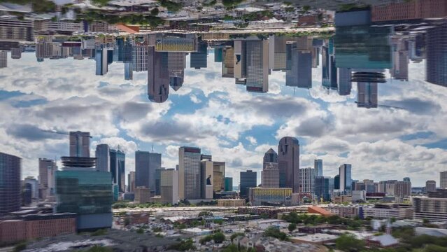 Aerial panoramic hyperlapse shot of downtown skyscrapers against cloudy sky. Dallas, USA. Abstract computer effect digital composed footage