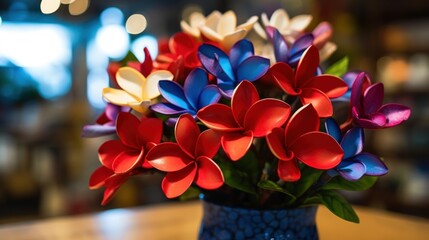 colorful plastic flowers in vase on the table in coffee shop. Springtime Concept. Valentine's Day...