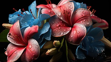 Beautiful bouquet of lily flowers with water drops on black background. Springtime Concept....