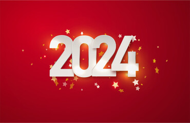 Happy new year 2024 design illustration of paper numbers on red background. Simple design happy new year 2024. Vector