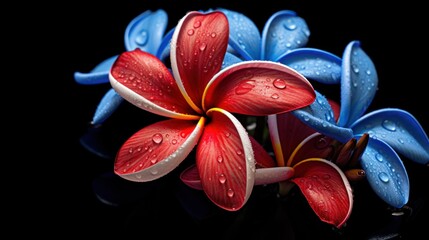 Frangipani flower with water drops isolated on black background. Springtime Concept. Valentine's Day Concept with a Copy Space. Mother's Day.