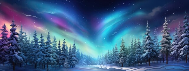 Amazing snowy winter landscape. Winter landscape with snow-covered pine trees and northern lights (northern lights). Polar Lights. Creative image of wild nature. - obrazy, fototapety, plakaty