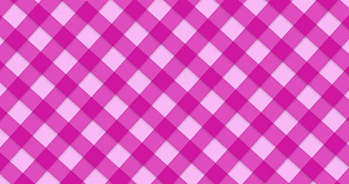 Seamless looped animated parrot Pink color check Gingham pattern moving diagonally. Abstract flat motion graphics background.