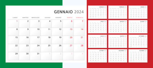 Calendar 2024 in Italian. Wall quarterly calendar for 2024 in a classic minimalist style. Week starts on Monday. Set of 12 months. Corporate Planner Template. A4 format horizontal. Vector illustration