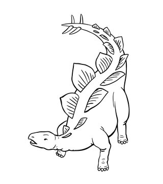 Big stegosaurus lizard. Tail with spikes. Herbivorous dinosaur of the Jurassic period. Prehistoric pangolin. Cartoon vector illustration. Black and white sketch. Hand drawn line