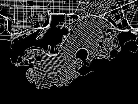 Vector road map of the city of Piraeus in Greece with white roads on a black background.
