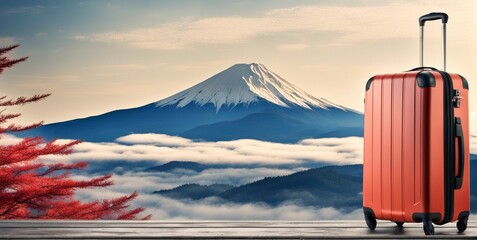 Fuji mountain and Suitcase adventure travel holiday or vacation concept and empty space for design