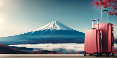 Fuji mountain and Suitcase adventure travel holiday or vacation concept and empty space for design