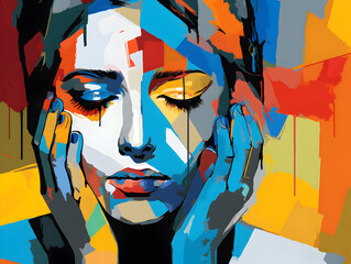 Colourful pop art detail of faces expressing deep emotion and sadness. Depressive states of mind illustrated.