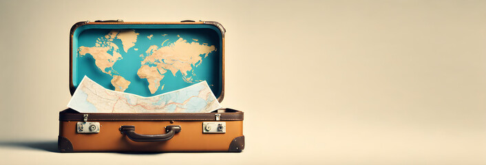 Suitcase adventure travel holiday or vacation concept and empty space for design