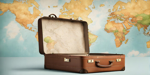 Suitcase adventure travel holiday or vacation concept and empty space for design