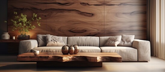 Obraz na płótnie Canvas Luxury interior design living room with Wooden concept paneling wall with sofa. generative AI