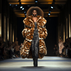 Black supermodel walks in elegant fur coat on the runway. African female model demonstrates winter collection at a fashion show. AI-generated
