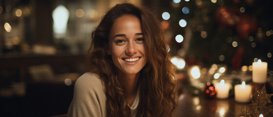 Portrait of smiling young woman sitting in cafe at christmas time.